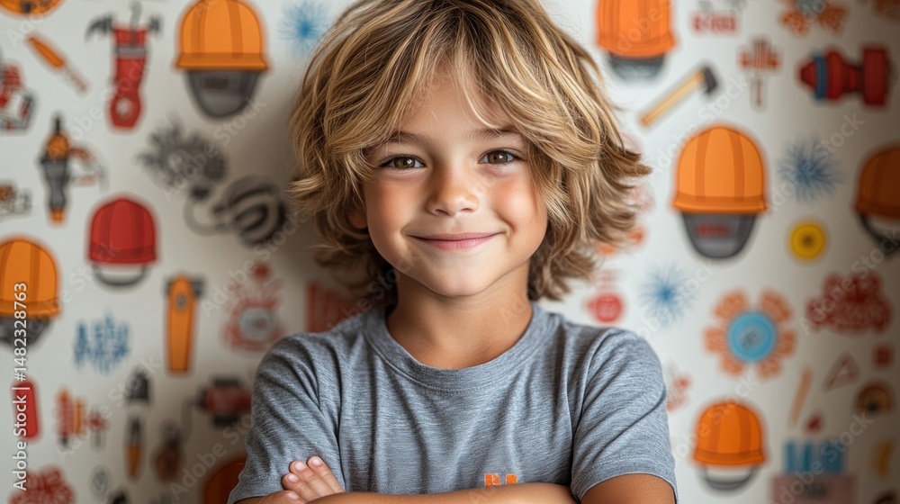 Naklejka premium Adorable Boy with Tools Wallpaper