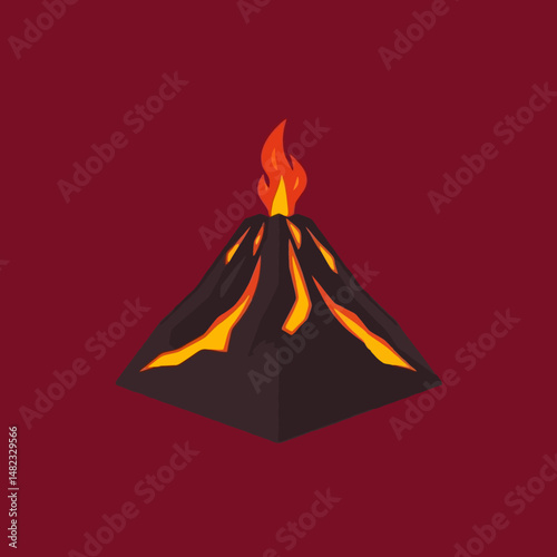 Stylized Volcano Eruption Illustration Design Graphic Hot Lava Fiery Mountain Peak Red Background Isometric View Simple Cartoon Volcano Illustration for Design Projects Digital Art Print fire heat    
