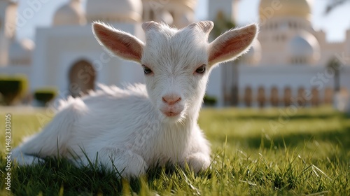 Close-up of a white kid goat resting on grass near a white building.
