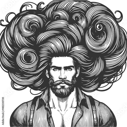 gentleman with an incredibly large, curly hairstyle, blending humor, surrealism, and vintage artistic style sketch engraving generative ai vector illustration. Scratch board. Black and white image.
