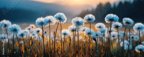 Blowing in the wind across field with leaves and dandelion concept. Delicate white flowers basking in the soft glow of sunset.