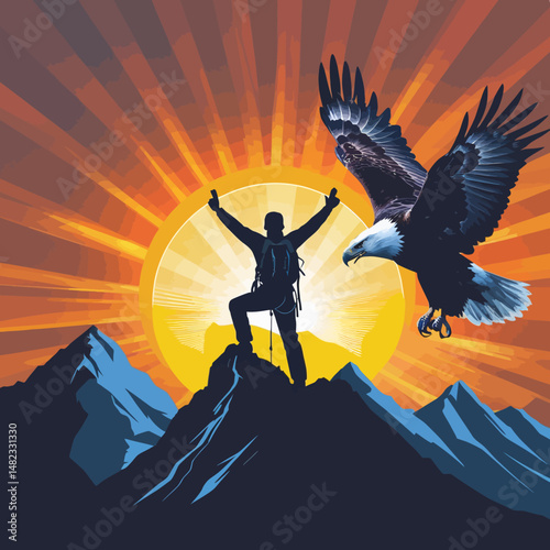 Triumphant Climber Silhouette Majestic Eagle Sunrise Mountain Peak Achievement Success Freedom Adventure Strong Motivational Inspirational Graphic Design Illustration Vector Art Image sky bird view   