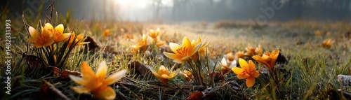 Blowing in the wind across field with leaves and dandelion concept. Beautiful spring flowers blooming in a serene, misty landscape.