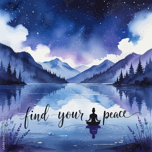 Serene Watercolor Landscape Peaceful Yoga Silhouette Night Sky Mountains Lake Reflection Tranquil Meditation Artwork Digital Art Print Yoga Poster Find Your Peace Inspirational Artwork zen blue calm  