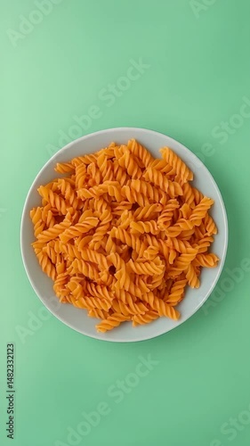 Spiral Pasta Swirl on Plate with Vibrant Green Background