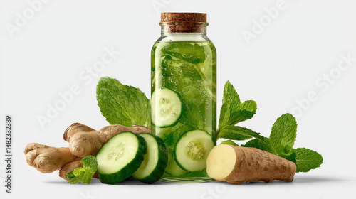 Refreshing detox juice in transparent bottle, featuring cucumber slices, ginger, and fresh mint leaves, evokes sense of health and vitality. Perfect for rejuvenation and hydration