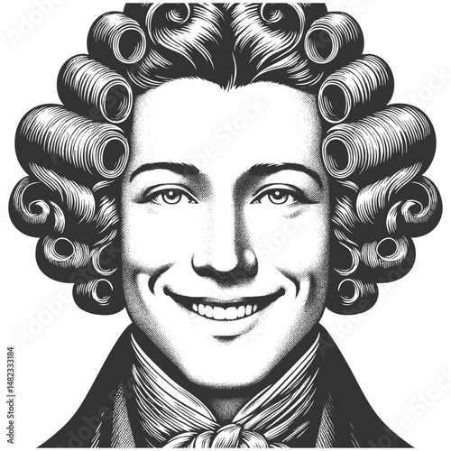 cheerful man wearing an elaborate vintage curled wig and classic formal attire, smiling brightly sketch engraving generative ai vector illustration. Scratch board imitation. Black and white image.