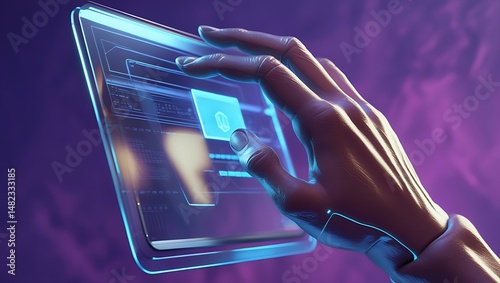 A Futuristic Robotic technology Hand Interacting with Holographic Interfaces in a High-Tech Digital computer Environment background.