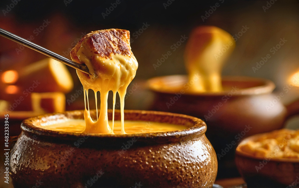 Fototapeta premium Macro photography of gooey cheese fondue, cheese texture, rustic fondue pot, intimate, cozy atmosphere 