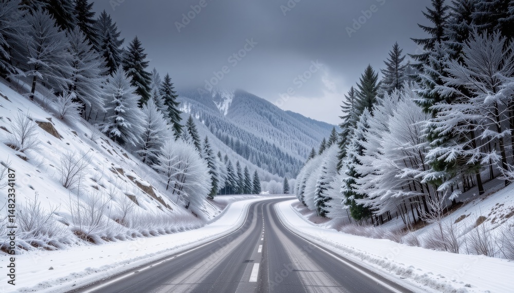 Fototapeta premium Winding road through a snowy forest landscape.