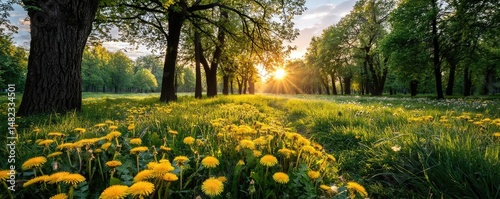 Blowing in the wind across field with leaves and dandelion concept. Sunlight filtering through trees over a vibrant dandelion field.