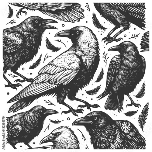 rare white crow surrounded by black crows, symbolizing uniqueness, nonconformity, and standing out from the crowd sketch engraving generative ai vector illustration. Scratch board. Black and white.