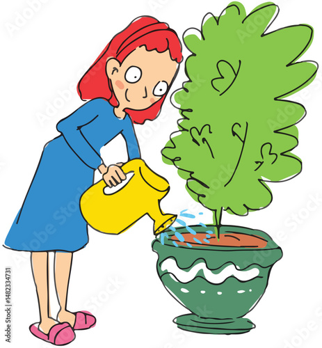 Cartoon woman watering the flower in the pot.
