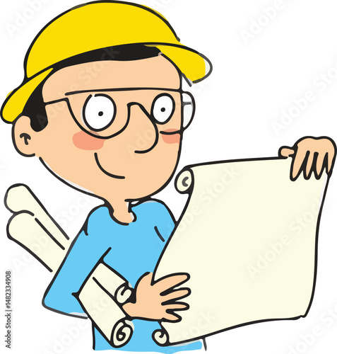 Cartoon civil engineer, architect man. Civil engineer, architect man holding a project in his hand.