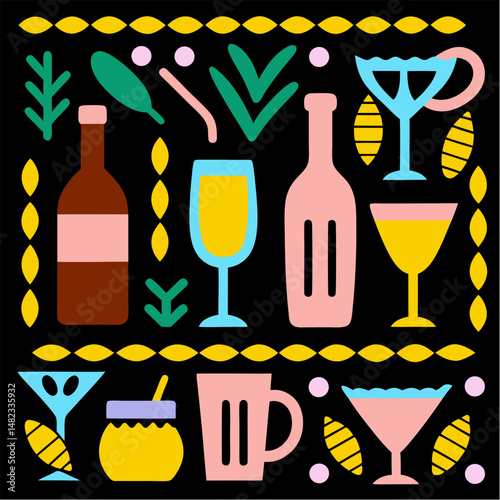 Wine Glasses & Drink Bottles Vector Set for Bar Icons & Party Beverage Design

