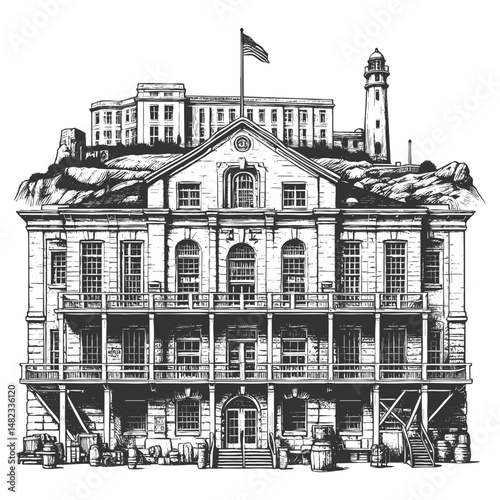 historic prison complex featuring an American flag, lighthouse, rocky terrain, and classic architecture sketch engraving generative ai vector illustration. Scratch board. Black and white image.
