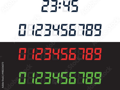 Digital seven-segment number set inspired by classic LCD and LED displays. Includes red, green, and dark styles—ideal for clocks, timers, scoreboards, and retro interfaces. Fully editable vector for U