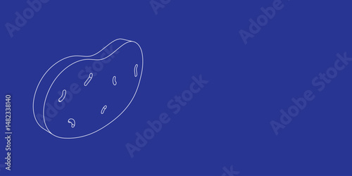 The outline of a large potatoes symbol made of white lines on the left. 3D view of the object in perspective. Vector illustration on indigo background
