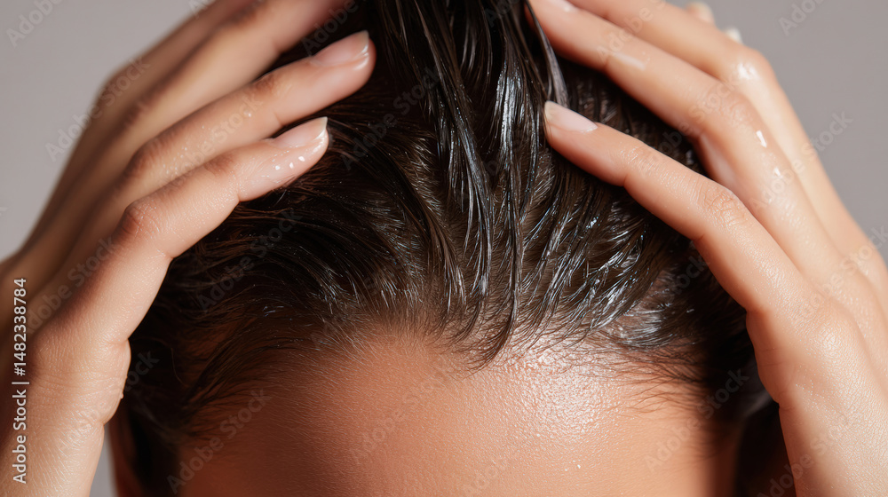 Naklejka premium Moist hair is gently massaged by hands, showcasing closeup of beauty treatment. hands are delicately parting hair, emphasizing care and nourishment