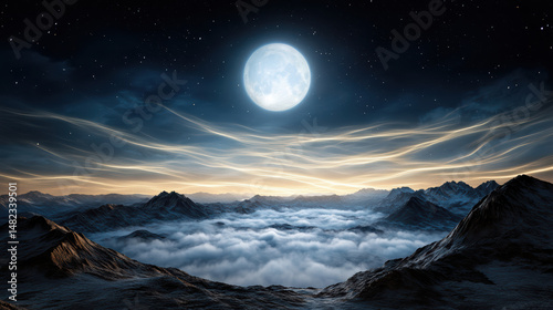 Wallpaper Mural Serene landscape features mountains under glowing moonlight, with clouds drifting below Torontodigital.ca