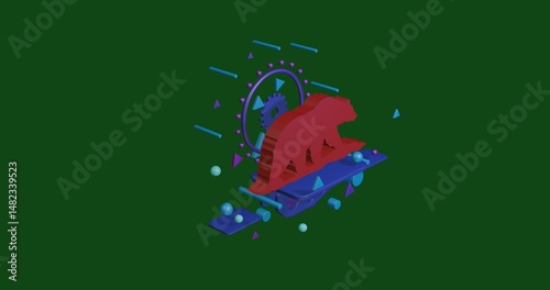 Red wild bear symbol on a pedestal of abstract geometric shapes floating in the air. Abstract concept art with flying shapes in the center. 3d illustration on green background