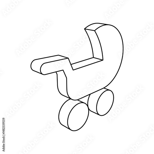 The outline of a large baby carriage symbol is made with black lines. 3D view of the object in perspective. Vector illustration on white background