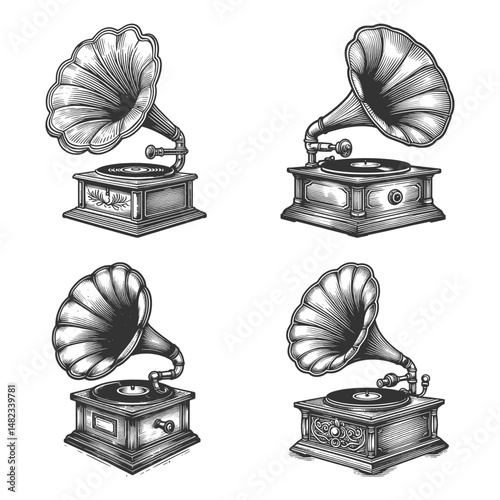 gramophone Set collection bundle sketch engraving generative ai vector illustration. Scratch board imitation. Black and white image.