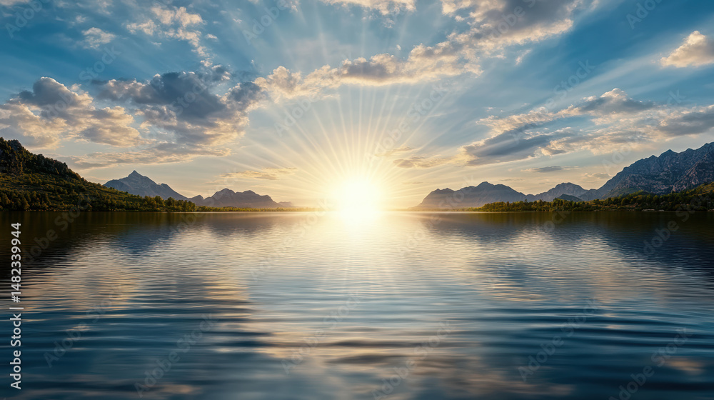 Fototapeta premium Breathtaking sunrise over tranquil lake, reflecting mountains and clouds