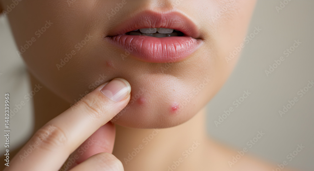 Obraz premium Close Up Portrait Of Young Woman Touching Acne On Chin Against Neutral Background Dermatology Concept