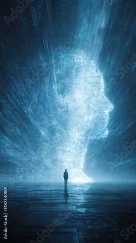 Digital Transformation Depicted Through Futuristic Abstract Art Showing Man and AI Integration