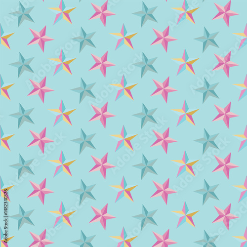 Cute pink and  mint stars on sky-blue background,seamless pattern with colorful  stars