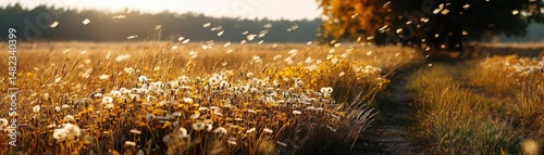 Blowing in the wind across field with leaves and dandelion concept. A serene landscape filled with golden grass and blooming flowers.