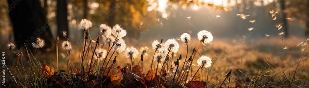 Obraz premium Blowing in the wind across field with leaves and dandelion concept. A serene scene of dandelions glowing in soft autumn sunlight.