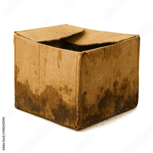 Old dirty cardboard box with torn flaps and water stains, showing wear and damage from use and exposure