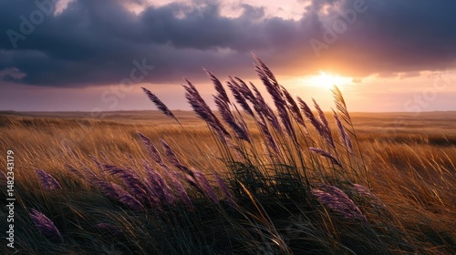 Blowing in the wind over strong grass with sunrise sky concept. Sunset over grassy fields with purple flowers swaying in the breeze.
