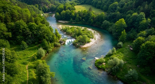 River Flowing Through Lush Green Forest Landscape Aerial View