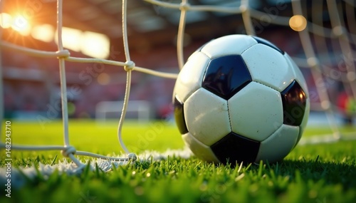 Close-up of soccer ball in net, celebrating goal , soccer, football