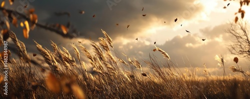 Blowing in the wind over strong grass with sunrise sky concept. Golden grass sways in the wind under a dramatic sky at sunset.