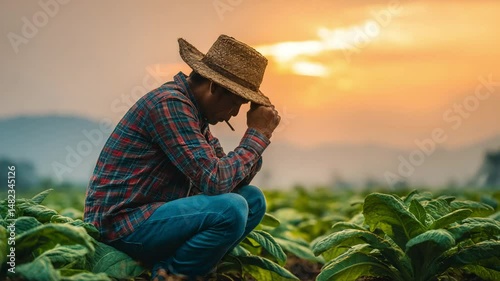 Stressed farmer in the field of crops.