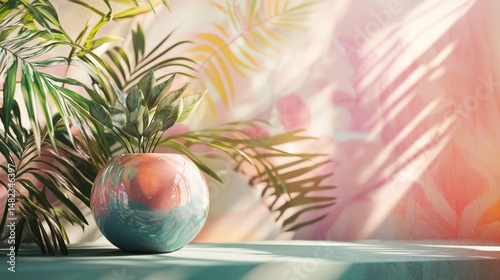 Wallpaper Mural Palm leaves and shiny sphere on soft background with pink glow for tropical aesthetic design concept image Torontodigital.ca