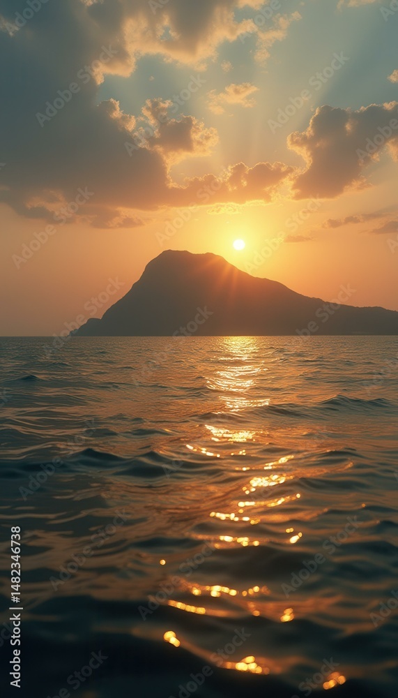 Naklejka premium Golden Sunlight Reflections on Ocean Waves with Mountain Silhouette Backdrop at Dusk