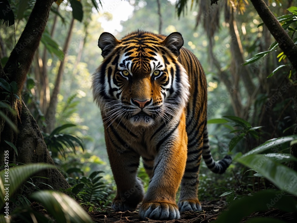 Obraz premium Majestic Tiger Walking Through Tropical Jungle