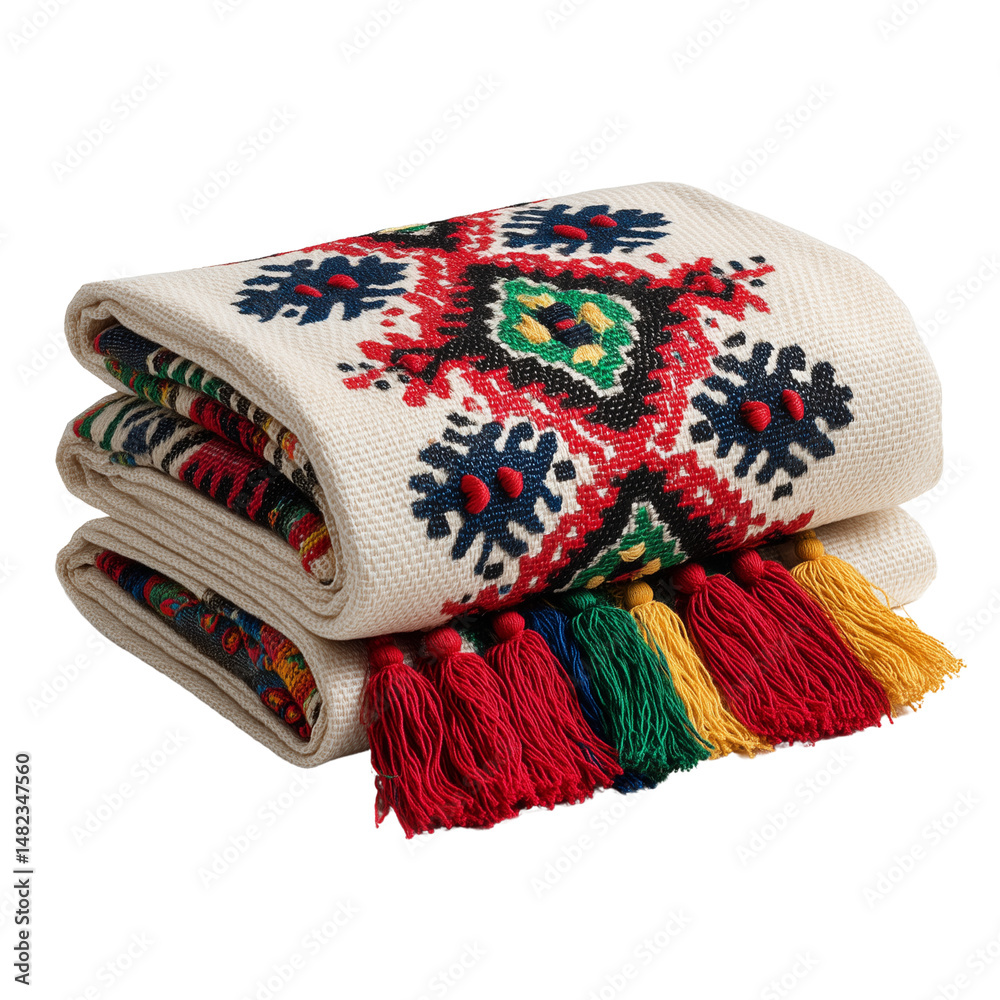 Traditional woven blanket with colorful tassels isolated on white background