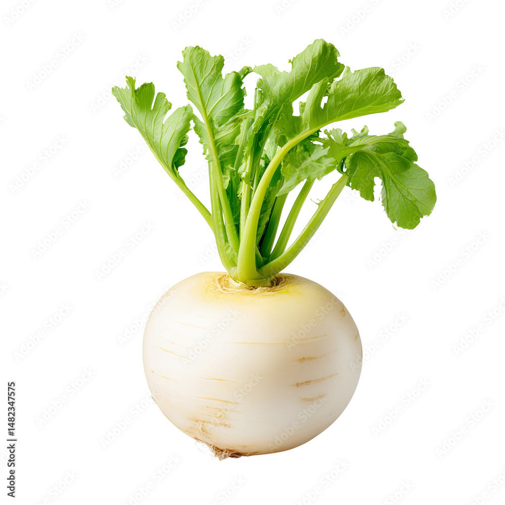 White turnip with green leaves isolated on white background
