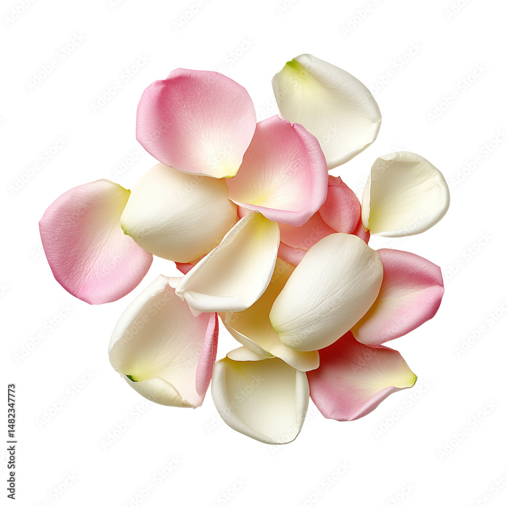 Pink and white rose petals isolated on white