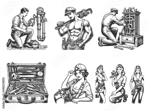 plumbers, toolboxes, and pin-up style female mechanics Set collection bundle sketch engraving generative ai vector illustration. Scratch board imitation. Black and white image.
