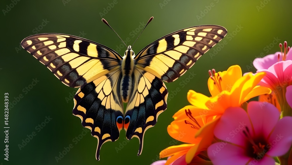 Fototapeta premium Butterfly resting on a bright flower – macro nature photography