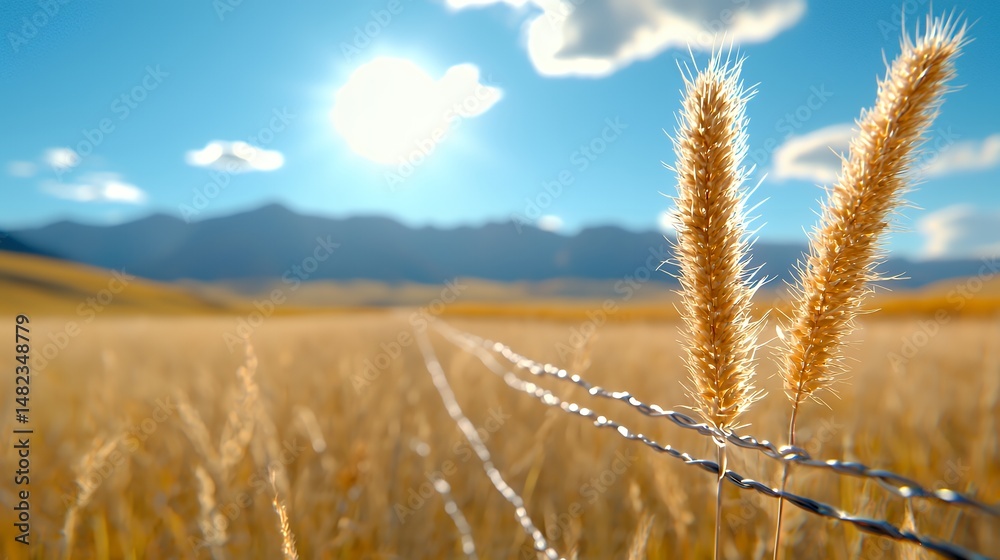 Fototapeta premium Wheat Field with Barbed Wire and Mountains