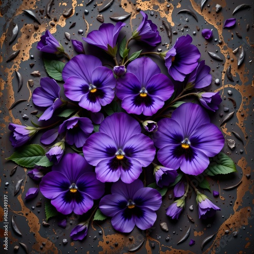 violets on a metal texture, with deep purple tones, moody intensity, vivid details, high resolution
