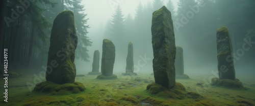 Ancient standing stones shrouded in mist stand in a clearing within a dense, evocative forest, their surfaces covered with moss.